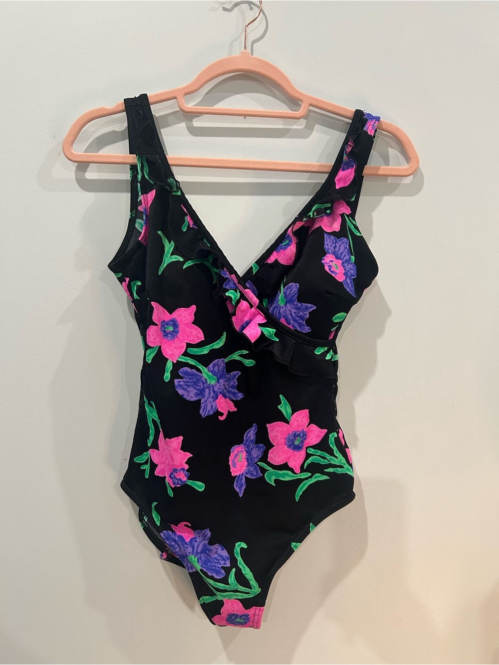 Black Floral One-Piece Swimsuit with Pink & Purple Flowers